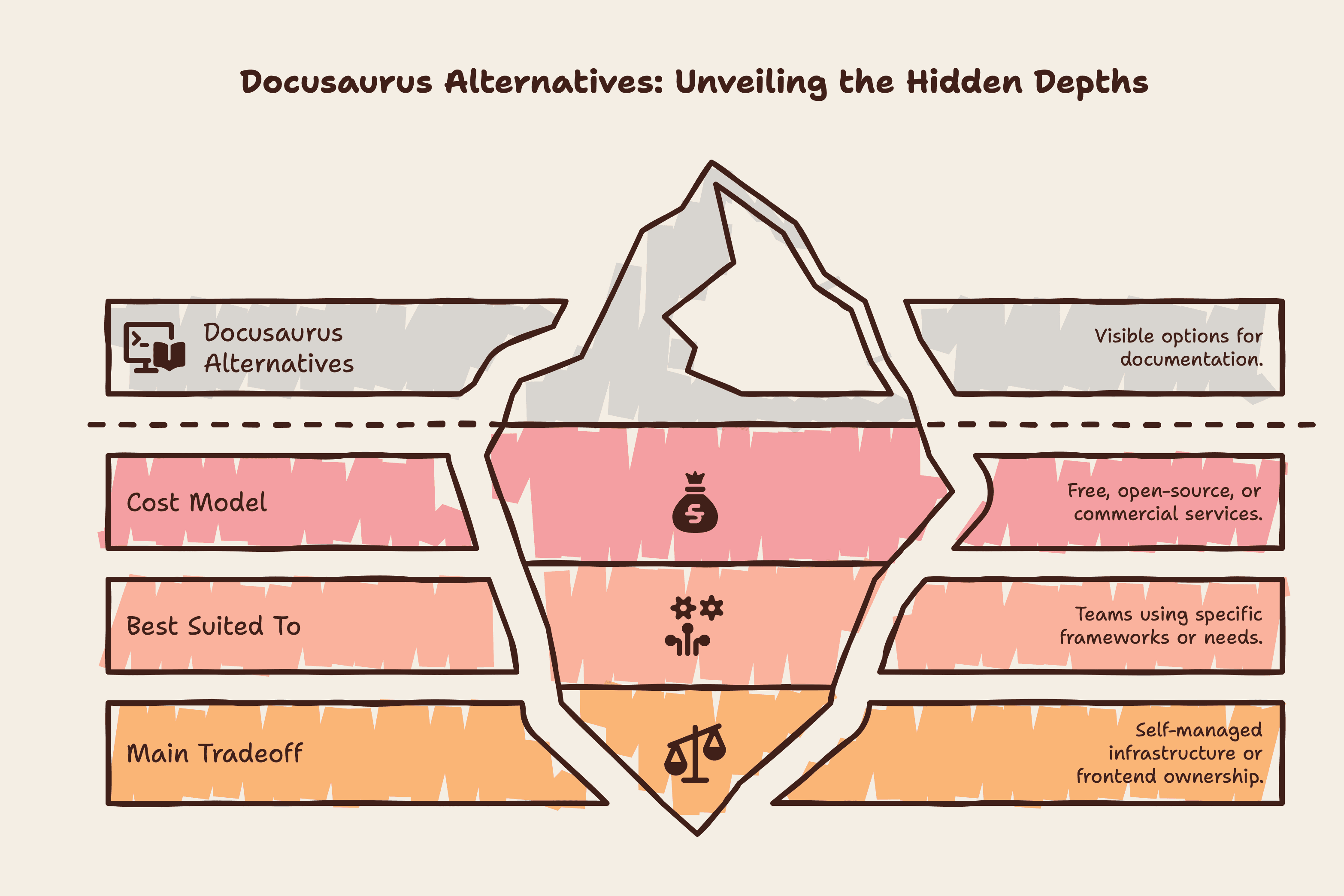 Iceberg diagram titled Docusaurus Alternatives, showing that visible options for documentation sit above the surface while the deeper factors are cost model (free, open-source, or commercial services), best suited to (teams using specific frameworks or needs), and main tradeoff (self-managed infrastructure or frontend ownership).